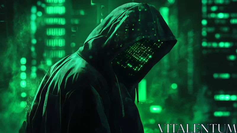 Hooded cyber entity with matrix-like LED faceplate in neon data haze