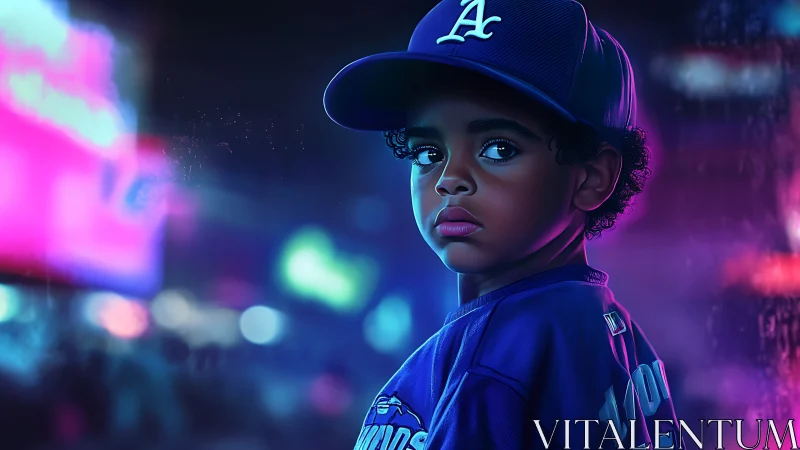 Young person in LA cap under neon cyberpunk lighting