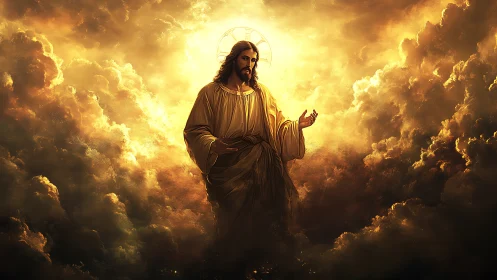 Radiant robed savior emerging through molten golden clouds.