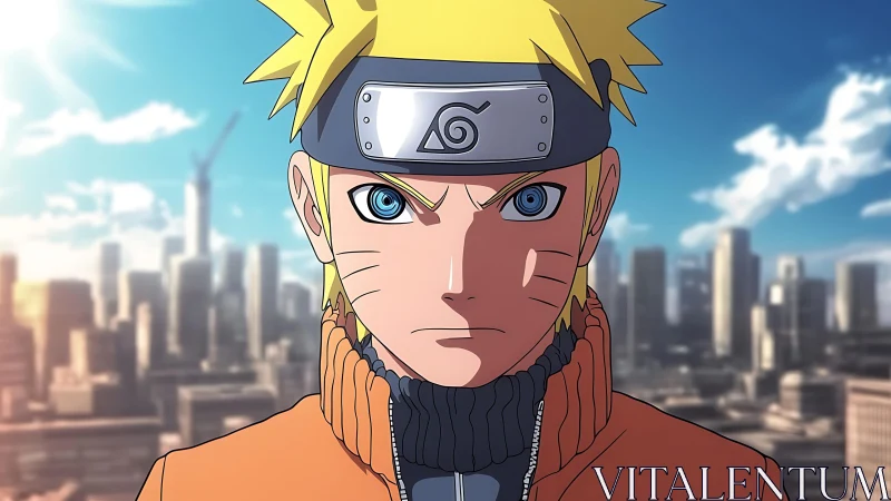 Sky-bright ninja gaze cuts through sunlit urban horizon.