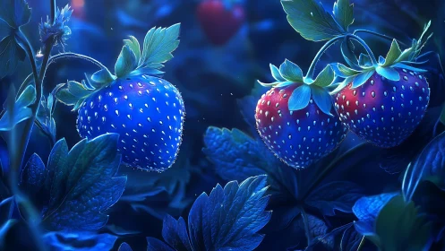 Bioluminescent strawberries rendered in nocturnal macro detail