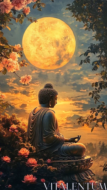 Moonlit Buddha garden wrapped in quiet golden stillness.
