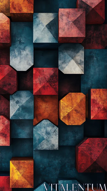 Geometric blocks in layered teal, red and ochre relief.