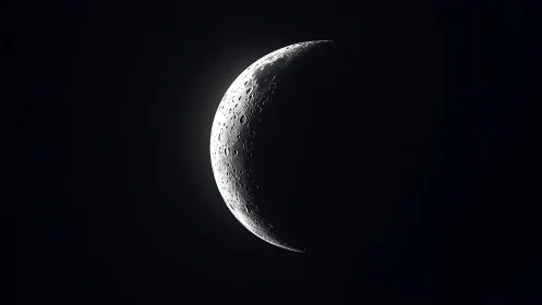 Crescent moon with detailed craters against black sky.