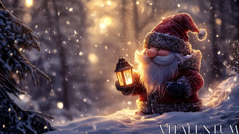 Snowy lantern gnome cradles winter’s quiet Christmas glow.