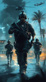 Digital painting of tactical squad in cinematic night incursion.