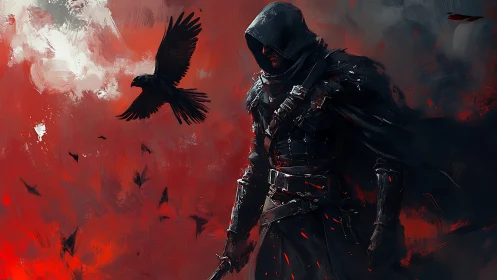 Shadowed rogue walks with ravens through a burning red sky