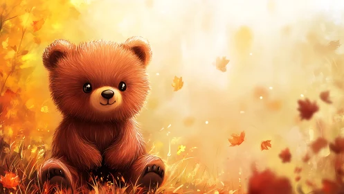 Adorable autumn teddy bear resting in a swirl of falling leaves.