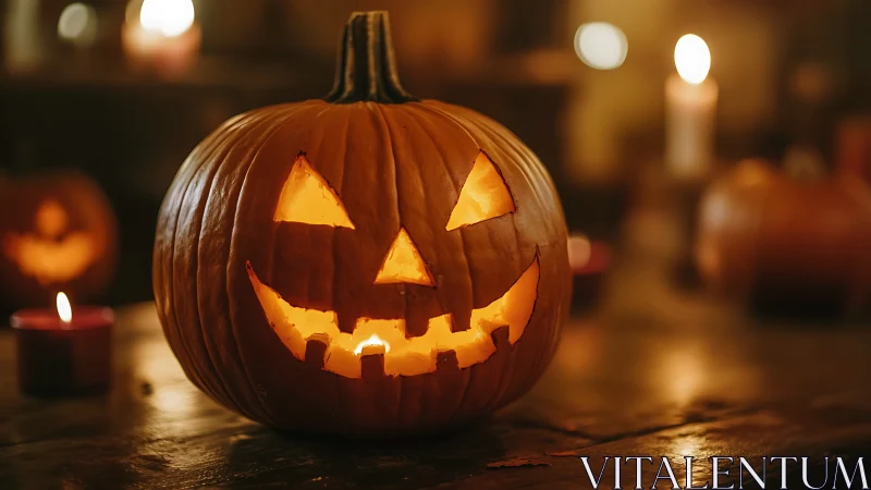 Illuminated carved jack o lantern with warm bokeh background.