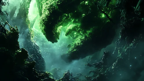 Bioluminescent alien cavern with dense emerald fungal overgrowth