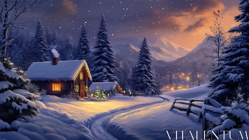 Snowlit mountain cabin with glowing village horizon at dusk.