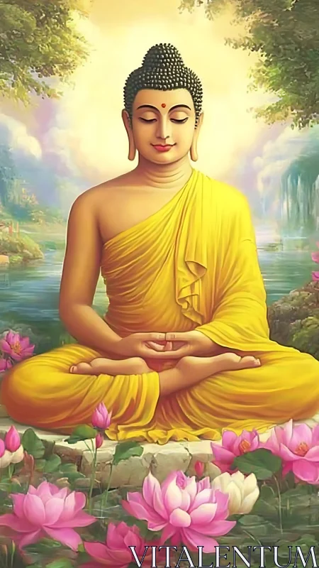 Golden robed Buddha rests in calm lotus meditation by water