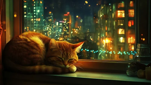 Ginger Cat Rests on Urban Windowsill Overlooking Nocturnal Cityscape