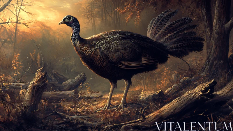 Golden forest glow welcomes a proud wild turkey at dusk