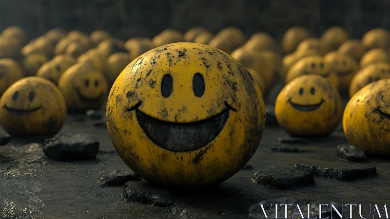Weathered yellow smiley spheres on dark industrial ground.