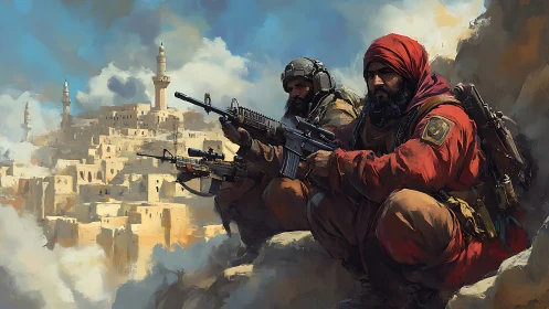 Snipers watch desert hill city from rocky forward position