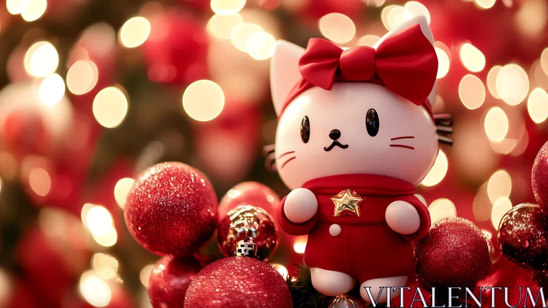 Festive kitten mascot poses proudly amid glittering bokeh cheer