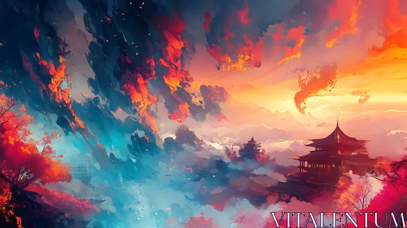 Temple skyline under blazing cyan and ember storm clouds.