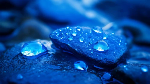 Cobalt river stones with luminous water droplets macro