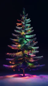 Colorful Christmas tree with lights on snowy ground.