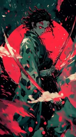 Samurai warrior ignites crimson power beneath a blood moon