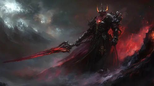 Dark armored warlord commands a blazing infernal sword.