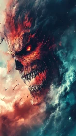 Demonic cloud skull emerges in fiery, high-contrast digital storm