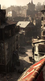 Old stone alley with distant fortified hilltop town.