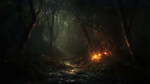 Enchanted Forest Path Illuminated by Mystical Fire