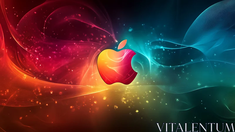 Glowing apple emblem floats amid vivid cosmic light trails.