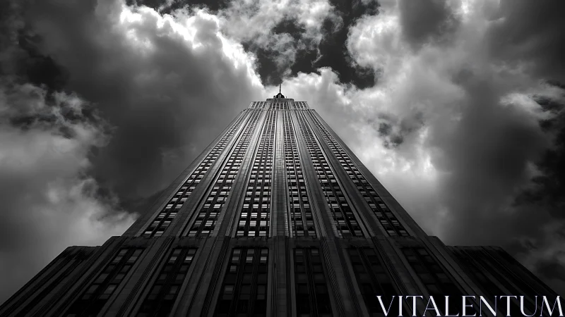 Monochrome low angle view of tall office skyscraper.