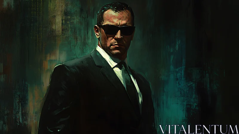Stoic man in black suit and sunglasses, dark teal backdrop.