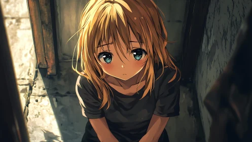 Sunlit stairwell hush with a teary blue‑eyed daydreamer.