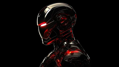 Red-luminescent combat android profile with reflective alloys.