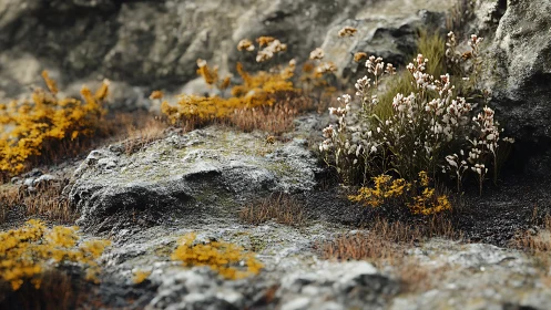 Wild alpine flowers cluster against weathered rocky outcrop