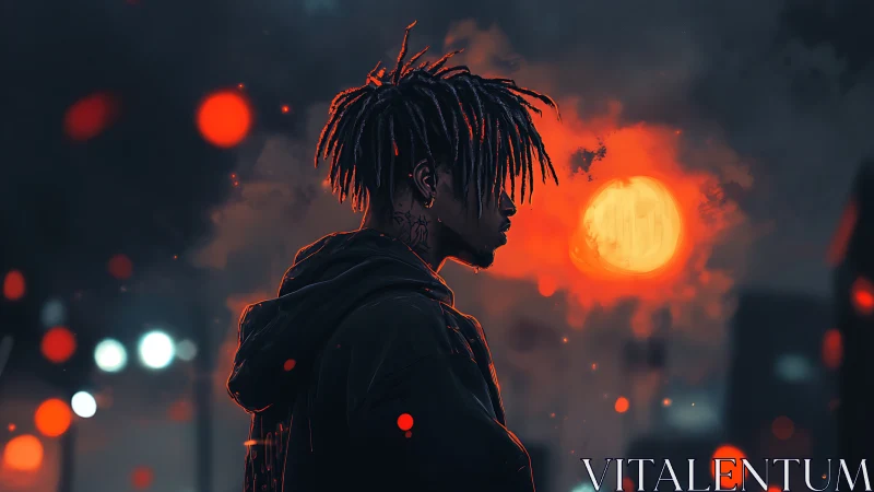 Side-lit urban profile under saturated red bokeh moon glow