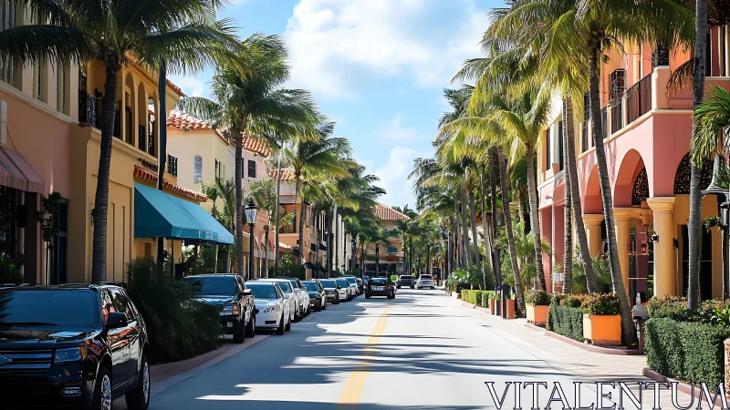 Photorealistic palm-lined boulevard with Mediterranean storefronts.
