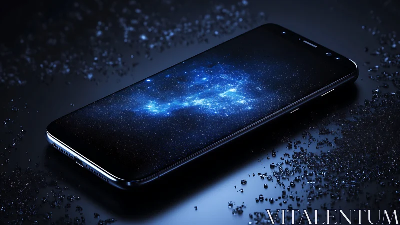 Smartphone with galaxy display on reflective dark surface.