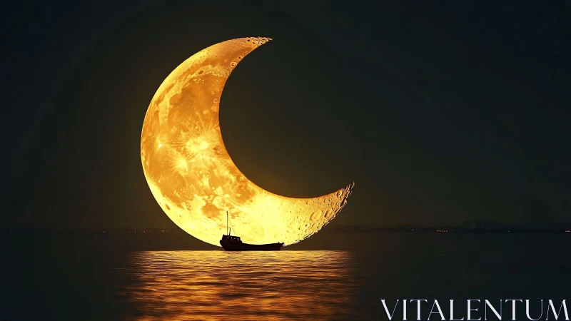 Moonlit crescent boat cradling golden tides of night.