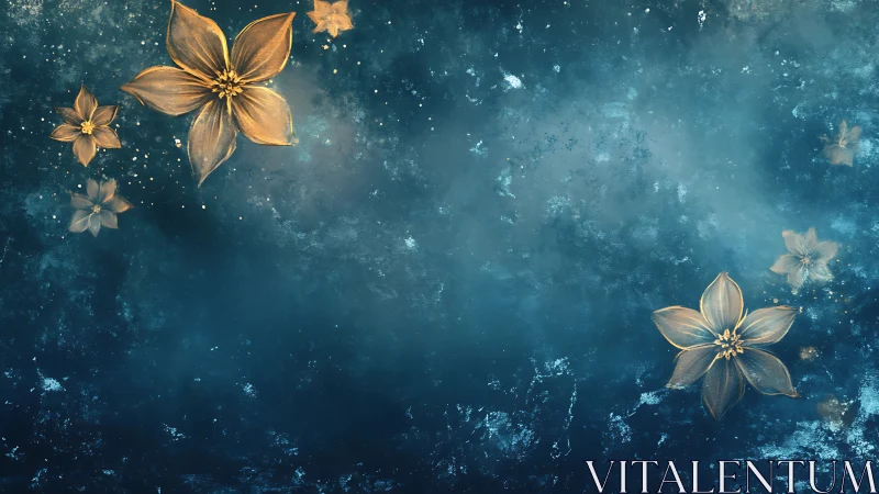 Golden Flowers Float Through Starlit Cosmic Waters.