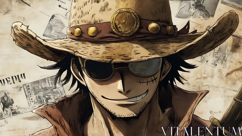 Grinning outlaw in weathered hat before faded posters.