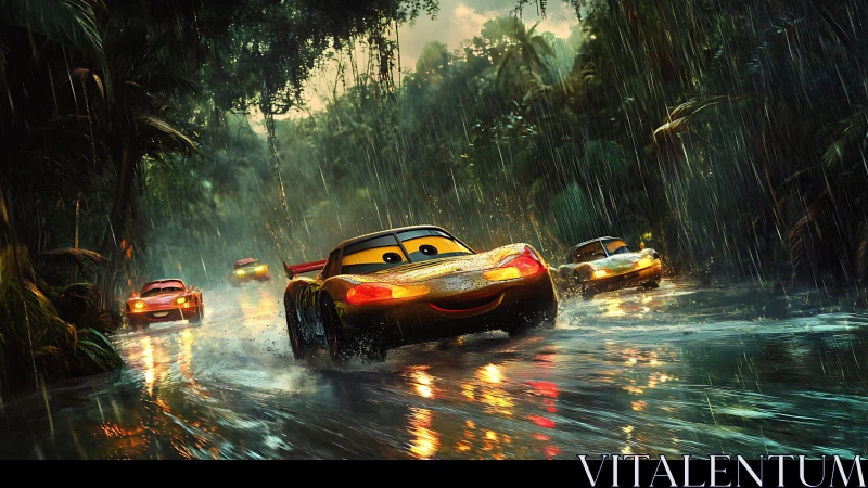 Smiling race cars splash through a glowing rainforest storm.