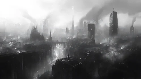 Monochrome smog-drenched dystopian megacity skyline panorama