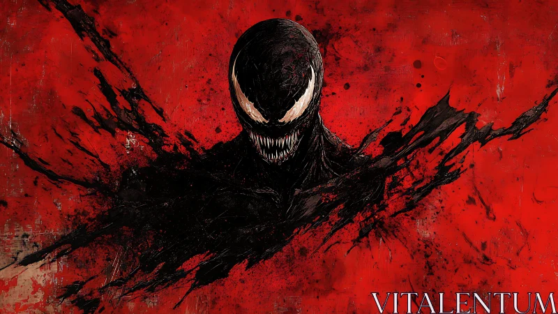 Shadow-born smile in a storm of vivid crimson chaos.