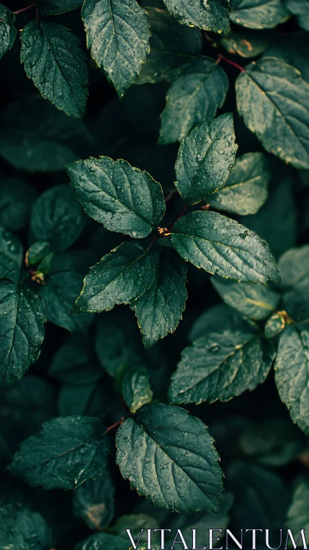 Dark green wet leaves in close-up vertical composition.