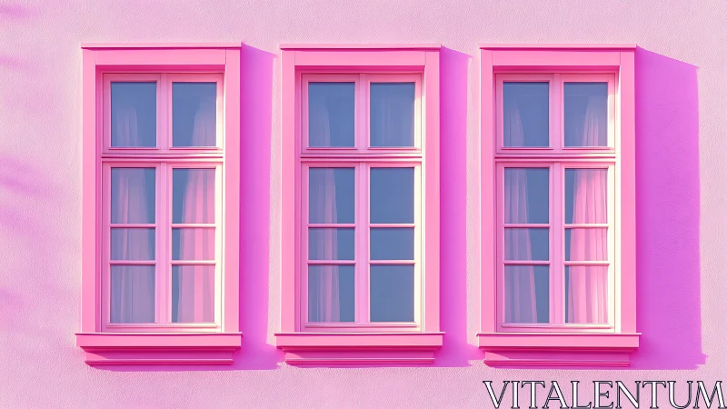 Triple pink windows in symmetric pastel architectural elevation.