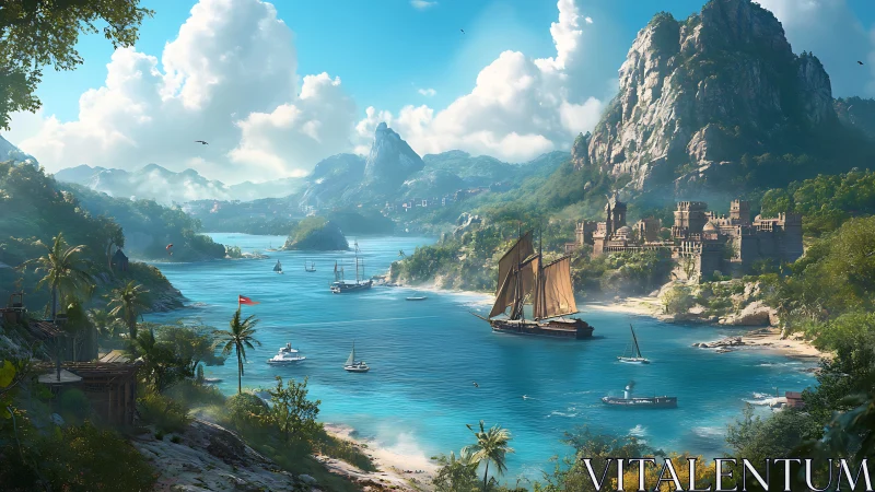 Medieval Coastal Castle Harbor: Dramatic Peaks, Turquoise Waters, Renaissance Architecture.