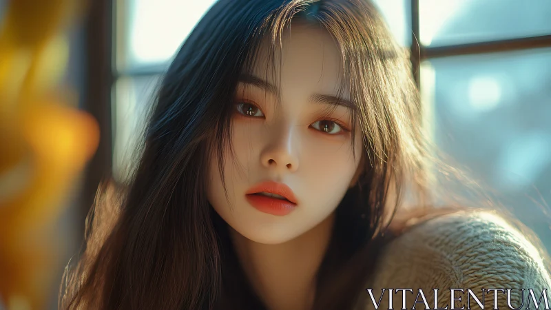 Soft-lit digital portrait of young woman by window.