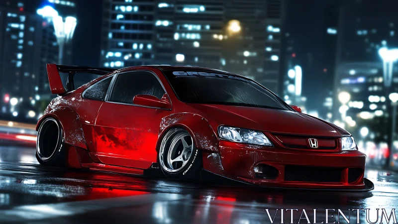 Stanced red Honda Civic with widebody aero kit on wet neon-lit street