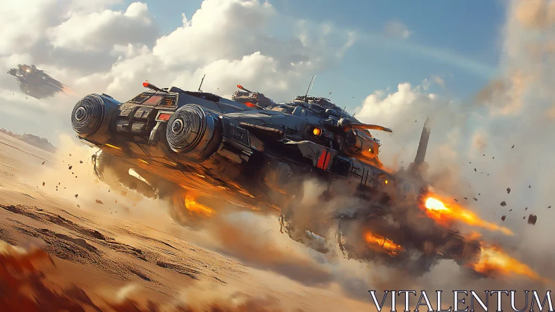 Roaring desert gunship rockets low across blazing sandstorm